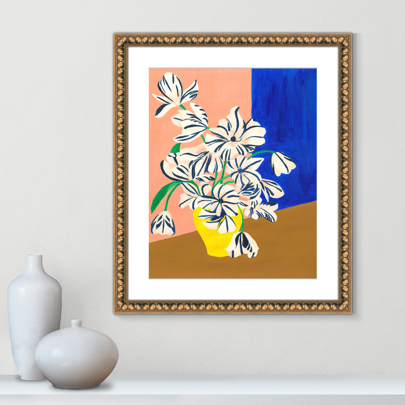 «Stripey Flowers Print» par Violets Print House, 22.5'' W x 26.5'' H, Imprimé mat, Perles de feuilles dorées