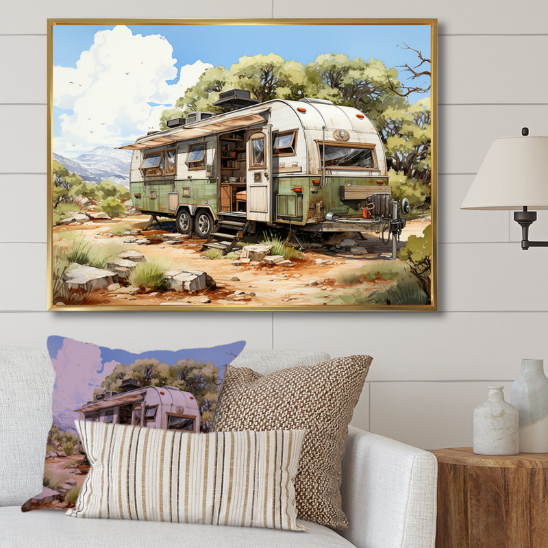 Camping Van Scenery - Camping Travel Wall Art Prints, 12" H x 20" W x 1" D, Gold Floater Framed