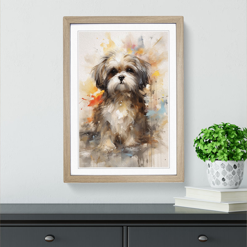 Shih Tzu Gestural - Framed Print, 34cm H x 25cm W, Oak Framed