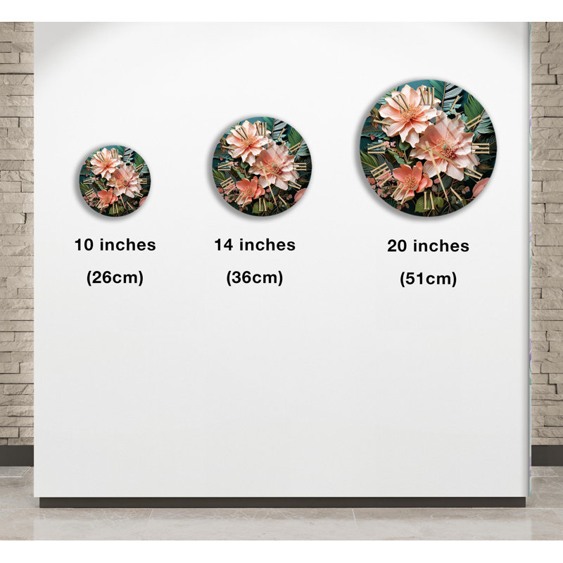 Horloge murale florale en verre trempé, horloge fleurie, grande horloge murale, horloge murale, 20 pouces, Or anglais