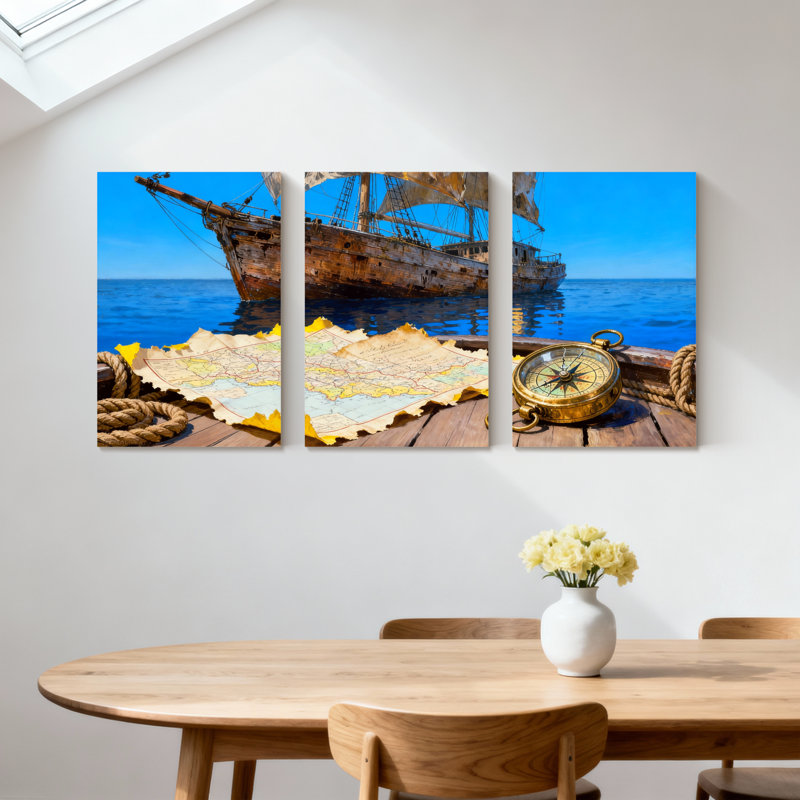 «Nautical Pirate Ship Map Compass Ocean Adventure», ensemble de 3 impressions sur toile, H 18 po x l 36 po