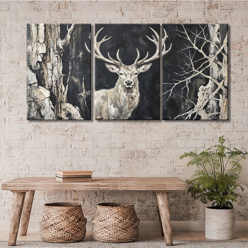 Cerf cerf forêt foncée, ensemble de 3 impressions sur toile texturée, 20 * 30 pouces * 3