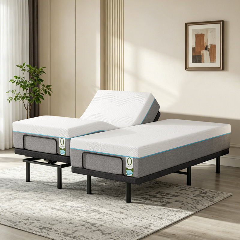 Ensemble de lit réglable Cyrielle + matelas en mousse viscoélastique imprégnée de gel rafraîchissant de 12 po - lit électrique à gravité zéro avec télécommande sans fil, inclinaison de la tête / du pied, lumière DEL, ferme moyenne sans fibre de verre