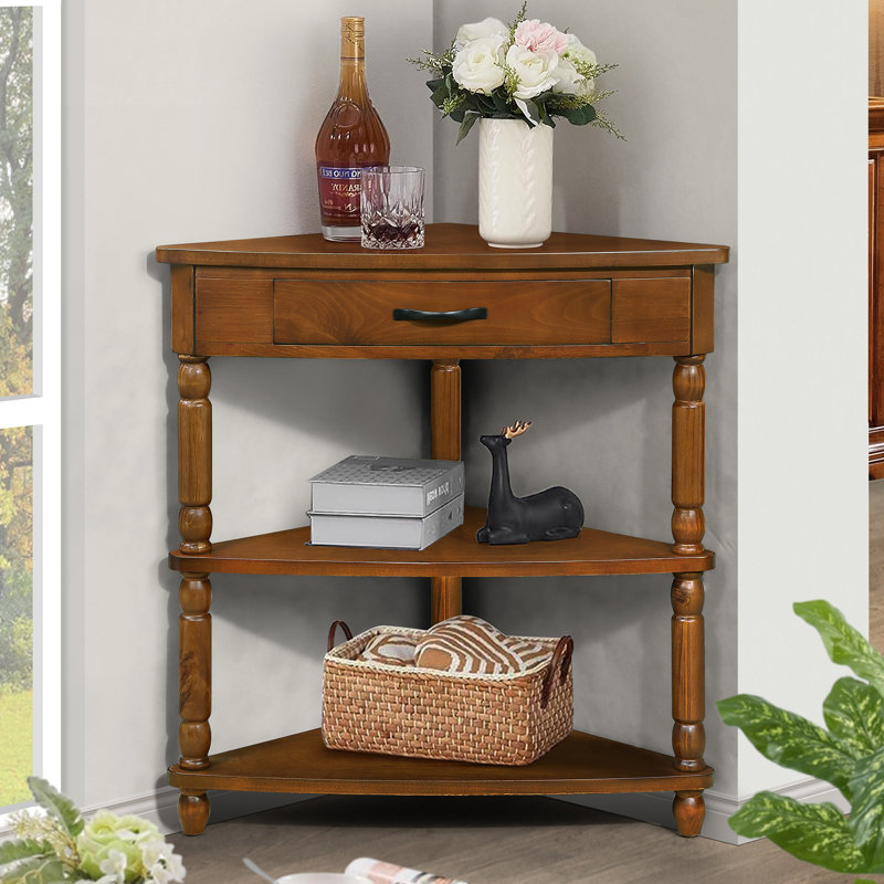 34" Wide Corner Accent Cabinet with Drawer and 3-Tier Shelving Modern Corner Table for Small Spaces,Espresso, Light Espresso