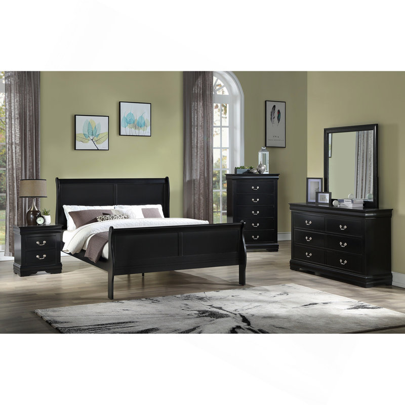 Lit traîneau Queen Size à panneaux en bois massif, fini noir, mobilier de chambre, Queen