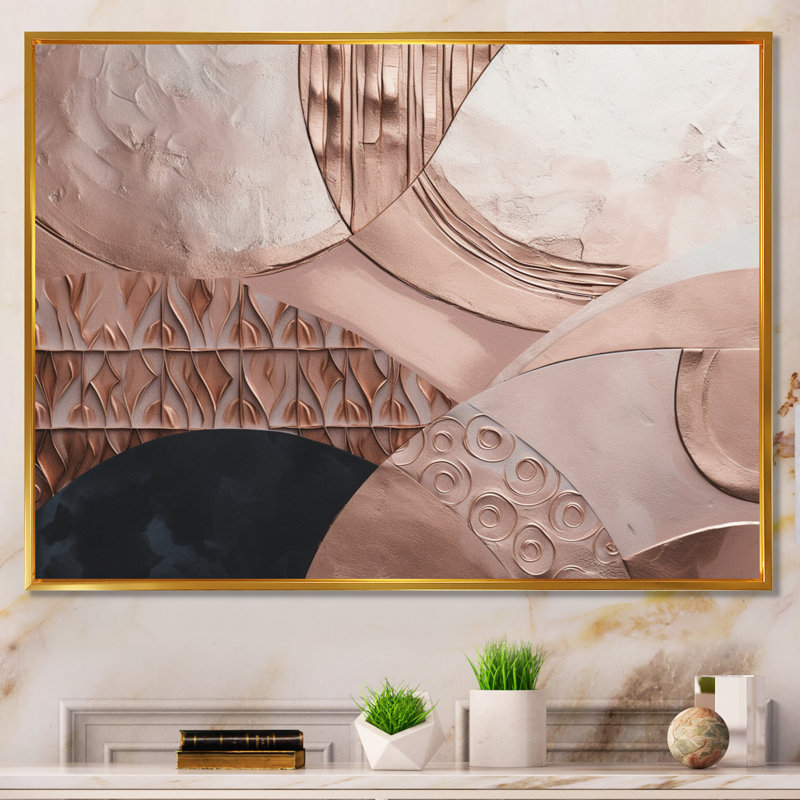 Demi-cercles roses et or Boho I - décoration murale abstraite, L 44 po x H 34 po, Cadre flottant doré