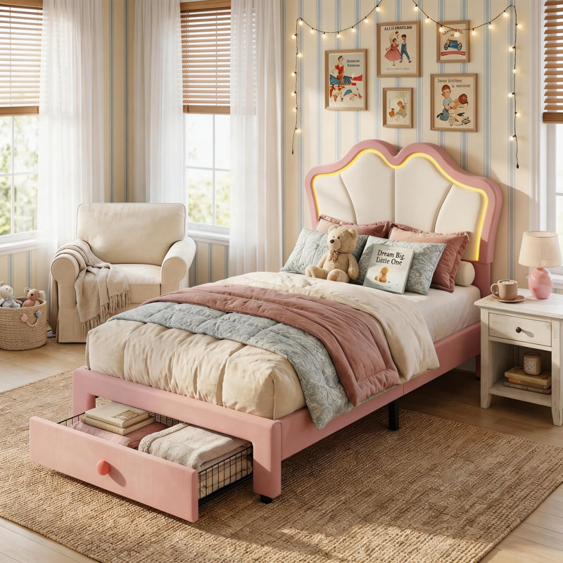 Twin Bed Frame, Blanc / Rose