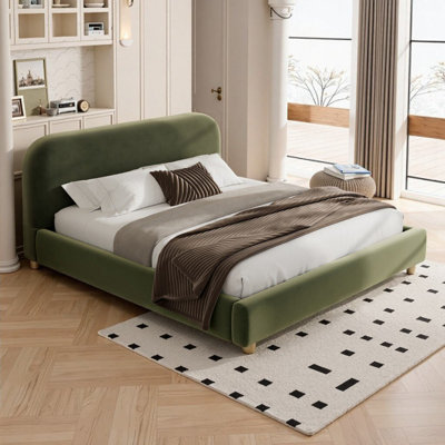 Élégant grand lit plateforme avec revêtement en velours moelleux et tête de lit incurvée, lattes de bois robustes, assemblage facile - 【Color_Place Titulaire】