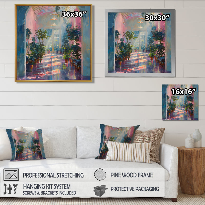 «Green Pink Tropical Greenhouse Dream I - Greenhouse», reproduction d'art mural, H 30 po x l 30 po x P 1 po, Toile tendue