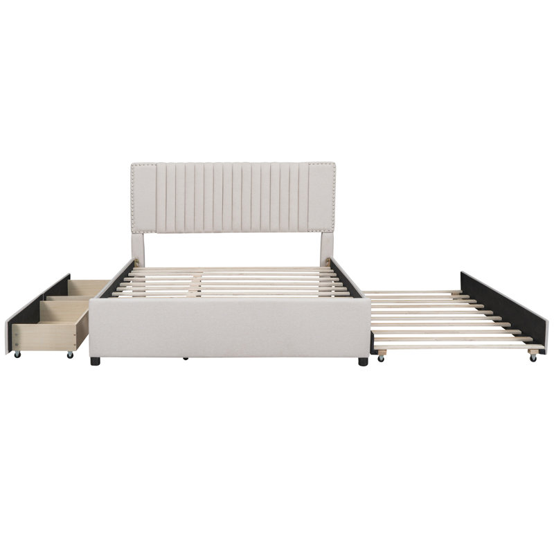 Grand lit plateforme tapissier avec lit gigogne et 2 tiroirs - Tête de lit beige pour lit gigogne fonctionnel, rembourrage en mousse confortable, revêtement