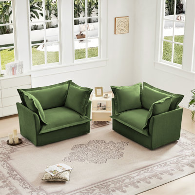 Ensemble de 2 fauteuils avec housse, fauteuil d'appoint à siège profond pour salon, salle de lecture, chambre à coucher et espaces de travail, ensembles de fauteuils avec grands coussins moelleux, tissu chenille, vert
