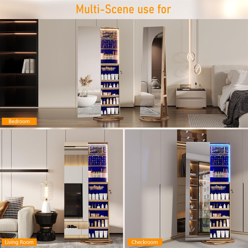Modern Wood Jewellery Armoire With Rotating Mirror And LED Lights, Brown