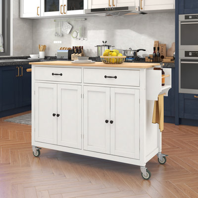 Kitchen Island Cart With Solid Wood Top And Locking Wheels,54.3 Inch Width,4 Door Cabinet And Two Drawers,Spice Rack, Towel Rack (White)