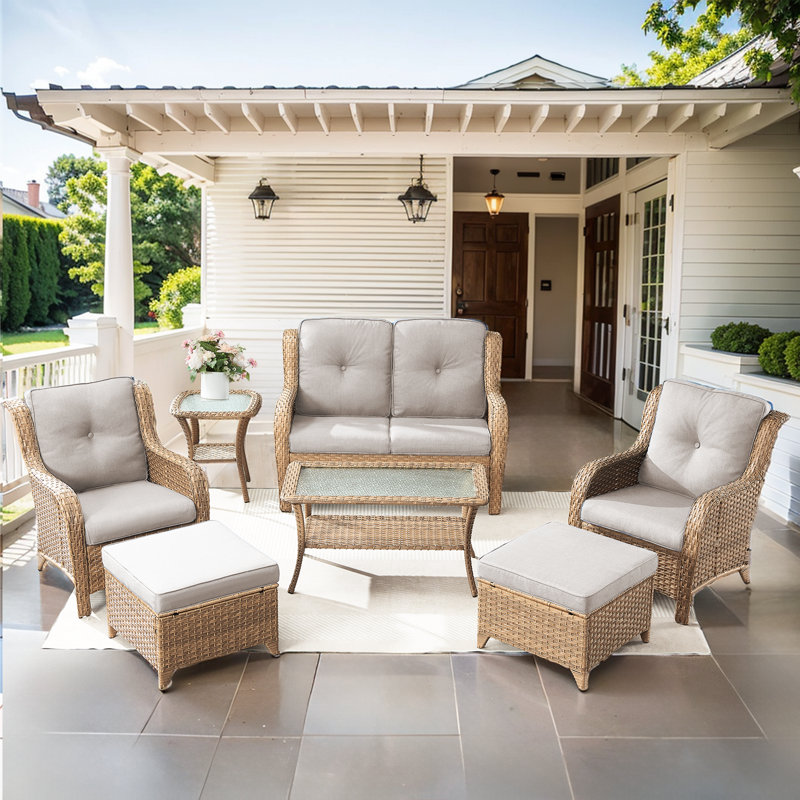Carolina 7-Piece Wicker Outdoor Patio Furniture Set With Armchair And Ottoman, Beige