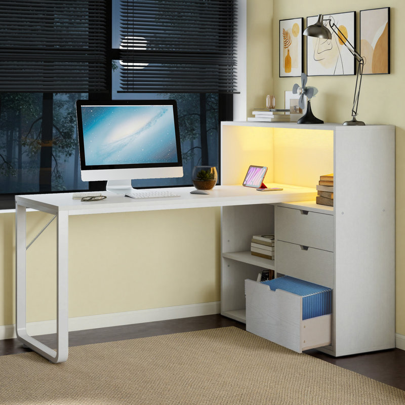 L Shaped Desk With Bookshelf and Drawer, Corner Desk with LED Lights, White