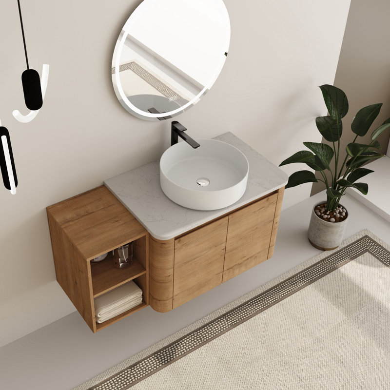 Meuble-lavabo simple mural 42 po avec plateau en pierre reconstituée Eaton, Blanc, 42"
