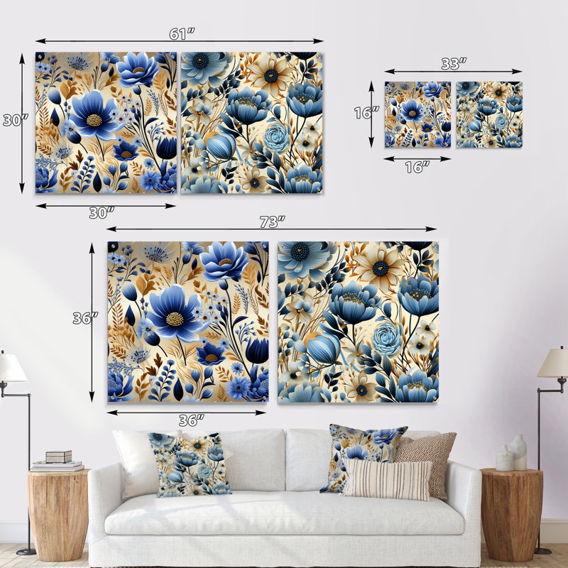 Motif de fleurs bleues bleues - ensemble d'art mural en acrylique sur verre floral, H 16 po x l 33 po