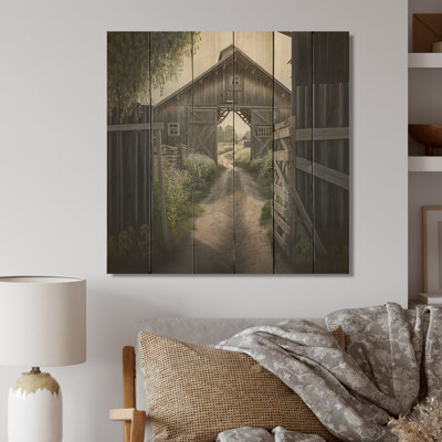 Maxine, pittoresque chemin sinueux et grange I - impression sans cadre sur bois