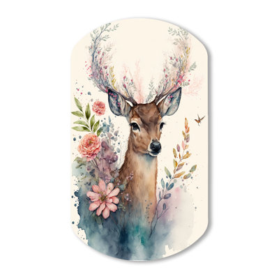 Mignon petit chevreuil avec fleurs roses - paysage animalier en forme de cylindre, art mural métallique asymétrique