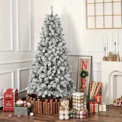 Prelit Snow Spruce Artificial Flocked Christmas Tree, Incandescent Warm White Lights, Foldable Stand, Snow Flocked Full Prelighted Xmas Tree 
