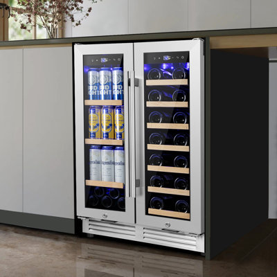 24" Dual Zone 20-Bottle 60-Can Wine & Beverage Refrigerator Built-In/Freestanding Glass Door Classic Cooler with 4 Door Handles,Blue LED and Adjustabl on Fridge.com