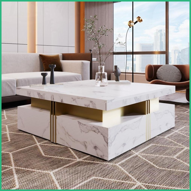 Blanc moderne Table basse carrée dorée avec 4 tiroirs de rangement, panneau de fibres à densité moyenne durable pour le salon