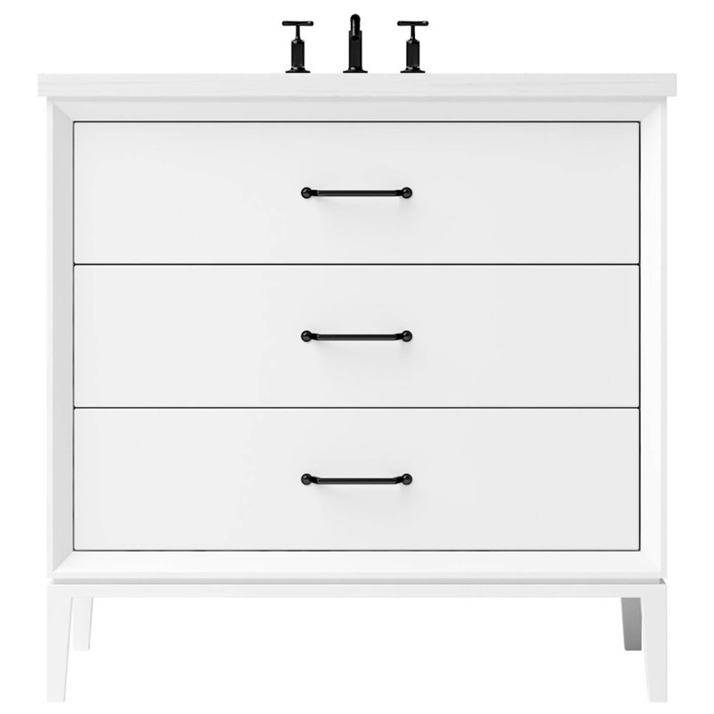 Alexandra Three-Drawer Single Bath Vanity, 36", Pure White, Matte Black