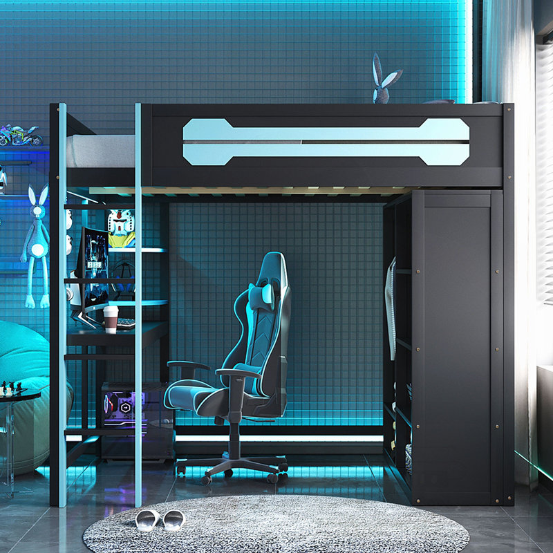 Wood Loft Bed with Integrated Desk, Open Wardrobe, Shelving, and Customizable RGB Lighting for Gaming and Study., Blue