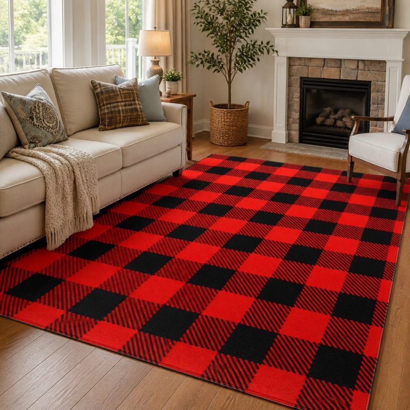 Tapis à carreaux Buffalo (1 pièce) - Style champêtre chaleureux, motif à carreaux rouges et noirs éclatants, antidérapant, lavable, pour une utilisation intérieure dans le salon, la chambre, la cuisine, le bureau ou l'entrée.