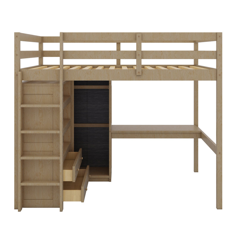 Lit mezzanine avec garde-robe intégré, bureau, tablettes de rangement et tiroirs, Noyer