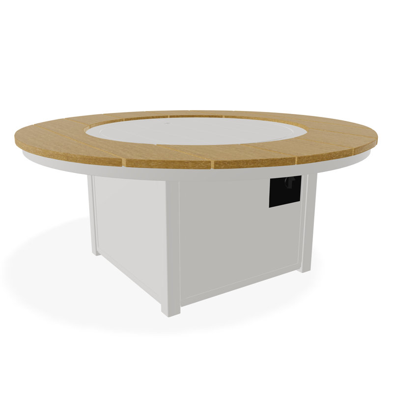 54" Round Rustic Polymer Fire Table with Propane Shelf, Snow/Teak