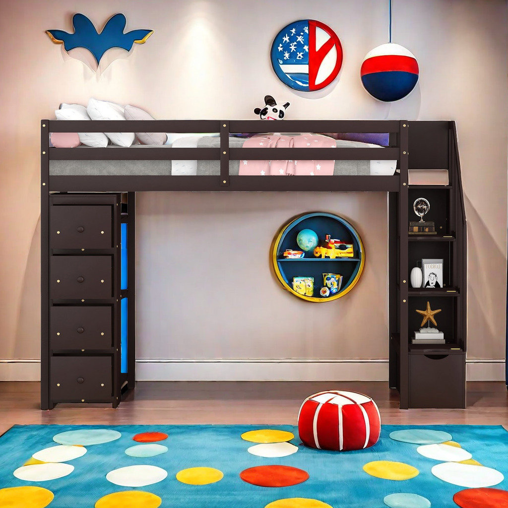 Harriet Bee Twin Size Loft Bed With Storage Drawers And Stairs, Wooden ...