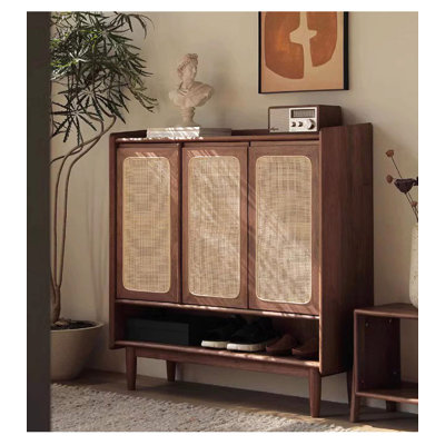 Armoire à chaussures moderne en bois massif avec rangement en rotin minimaliste