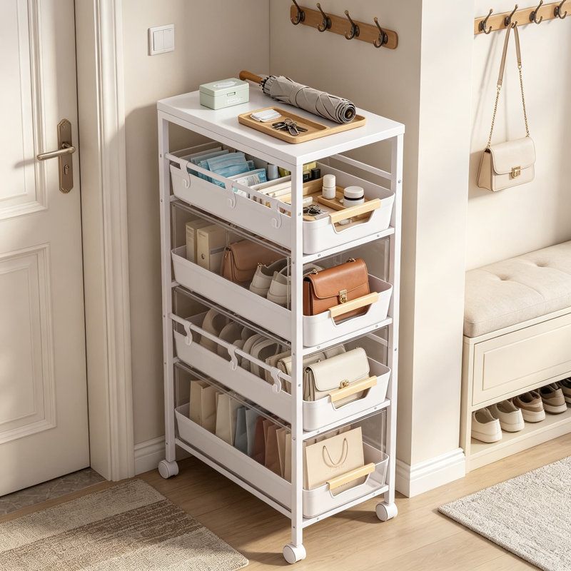 Chariot de rangement étroit à roulettes avec tiroirs coulissants, chariot utilitaire étroit avec plateau en bois et roulettes pour petits espaces, cuisine, salle de bain et buanderie