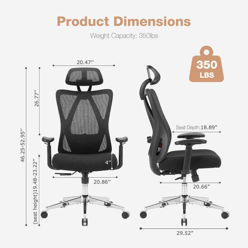 Lajace High Back Mesh Ergonomic Office Task Chair with Adjustable Headrest, Armrest, Lumbar Support, Black