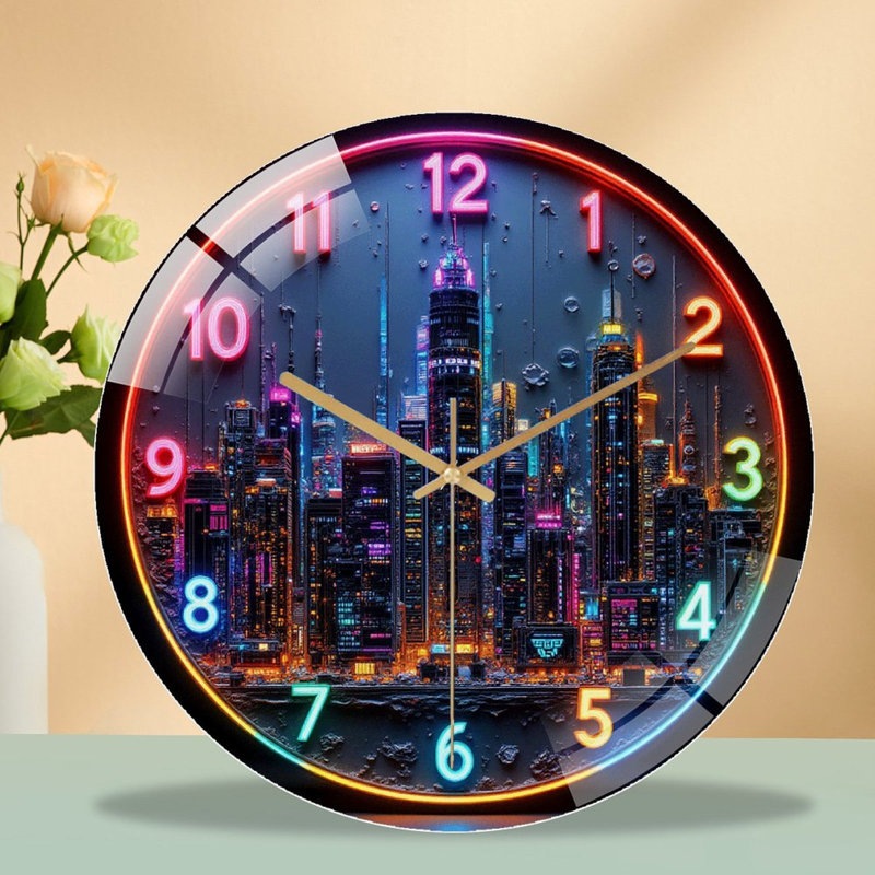 Neon City Skyline Wall Clock Home Decor Art Art - 12'' Modern Glass Wall Clock