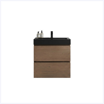 Meuble-lavabo mural 24 po noyer brun flottant avec évier, grand rangement, pré-assemblé, lavabo une pièce noir