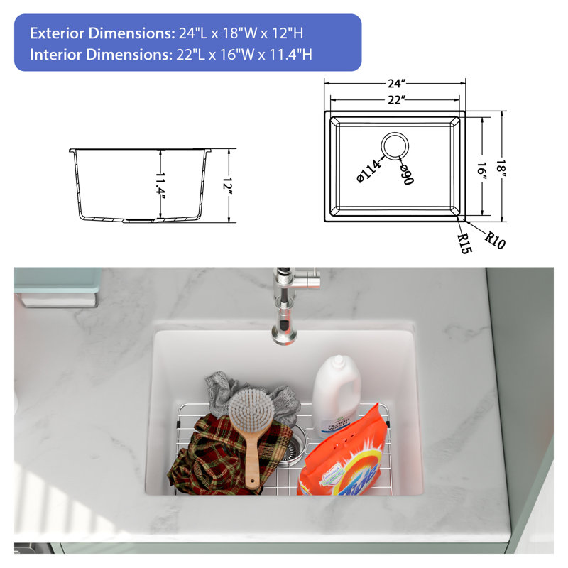 24"Lx18"W Quartz Laundry Sink Deep Single Bowl Granite Composite Utility Sink For Washing Room., White