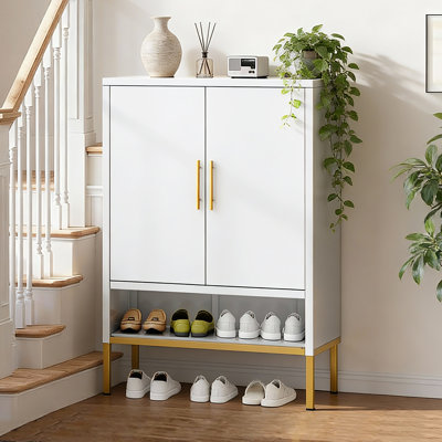 40inch 2-Door Metal Shoe Cabinet, Storage Cabinet, 7-Tier Hidden Shoe Organizer With Adjustable Shelves For Entryway, Hallway, Bedroom, Living Room And Laundry Room, White 