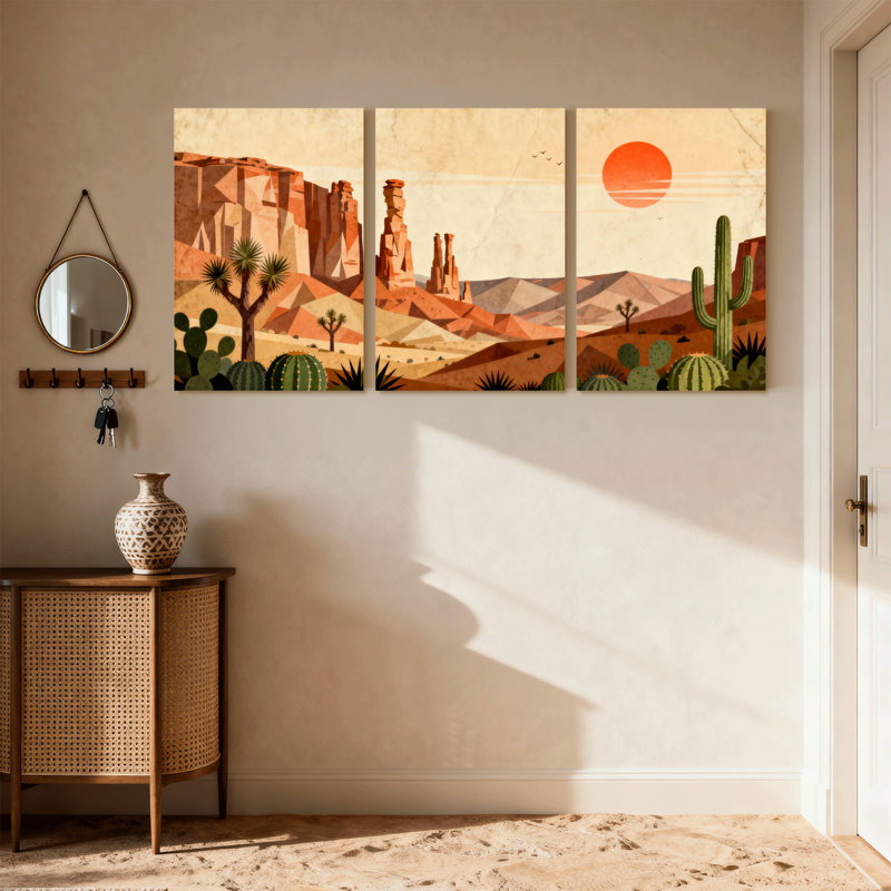 «Landscape & Nature Desert Landscape with Cacti and Rock Formations», ensemble de 3 impressions d'art sur toile