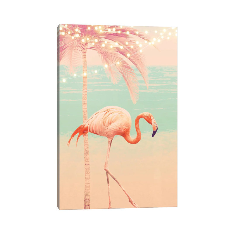 Pink Flamingo On The Beach by Emanuela Carratoni - Wrapped Canvas Print, 30.48 cm H x 45.72 cm W
