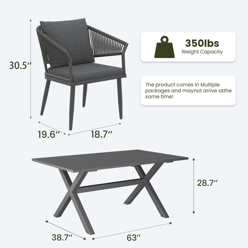 Rectangular Outdoor Dining Set With Cushions, Dark Grey Cushion/Grey Frame, 7 Pcs: Table, 6 Chairs