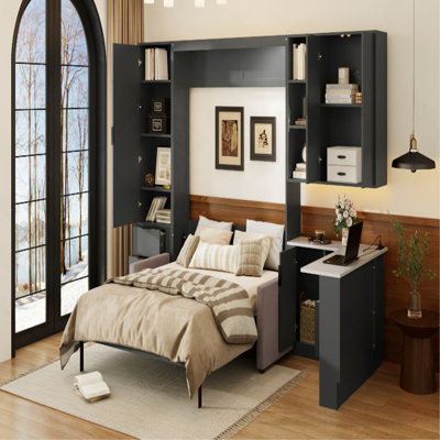 Grand lit escamotable mural avec rangement hydraulique, canapé, tablettes et tiroirs, éclairage DEL / USB, panneau gris foncé, canapé beige