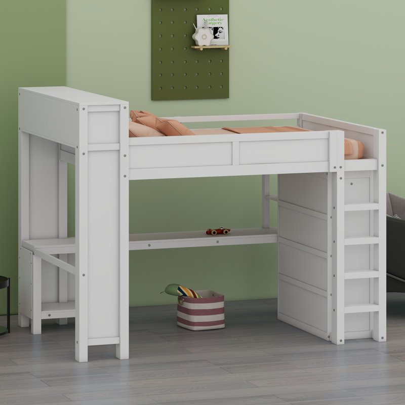 Lit mezzanine moderne avec garde-robe, bureau et tête de lit avec connectivité USB, Blanc