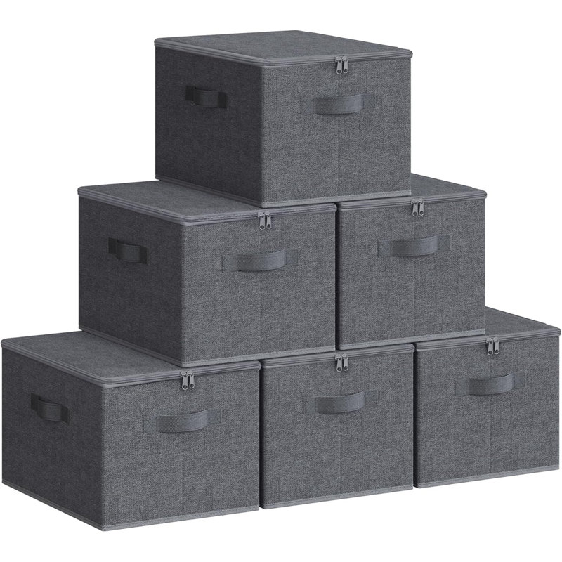 Foldable Storage Organiser Boxes, Set Of 6 Storage Basket Bins With Lids, Handles, Clothes Organiser, 40 X 30 X 25 Cm, Non-Woven Fabric
