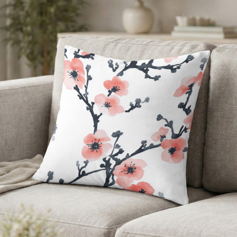 Coussin décoratif moderne - Coussin imprimé floral rose Wabi, H 16 po x l 16 po