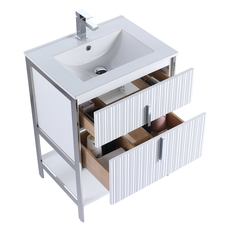  Serenity Modern Bathroom Vanity with White Ceramic Top, White Matte/Chrome, 24"