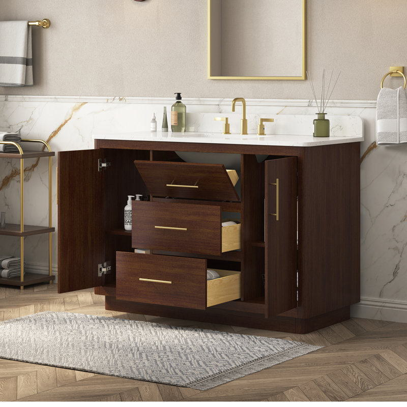 Juska 48" Warm Elm Freestanding Single Bathroom Vanity With Engineered Stone Top, 49"