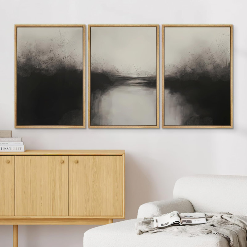 «Abstrait paysage moderne, minimaliste, noir et gris, nature géométrique, nature sauvage», 3 pièces, Naturel