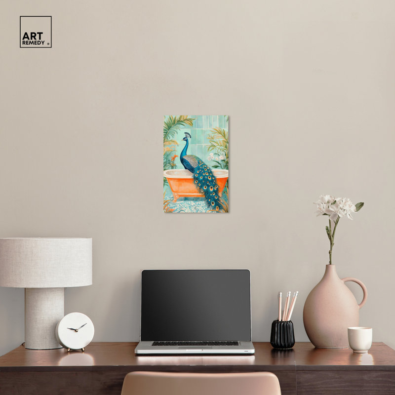 Elegant Peacock Bath Canvas Jungle Bathroom Art, 15" H x 10" W, Wrapped Canvas